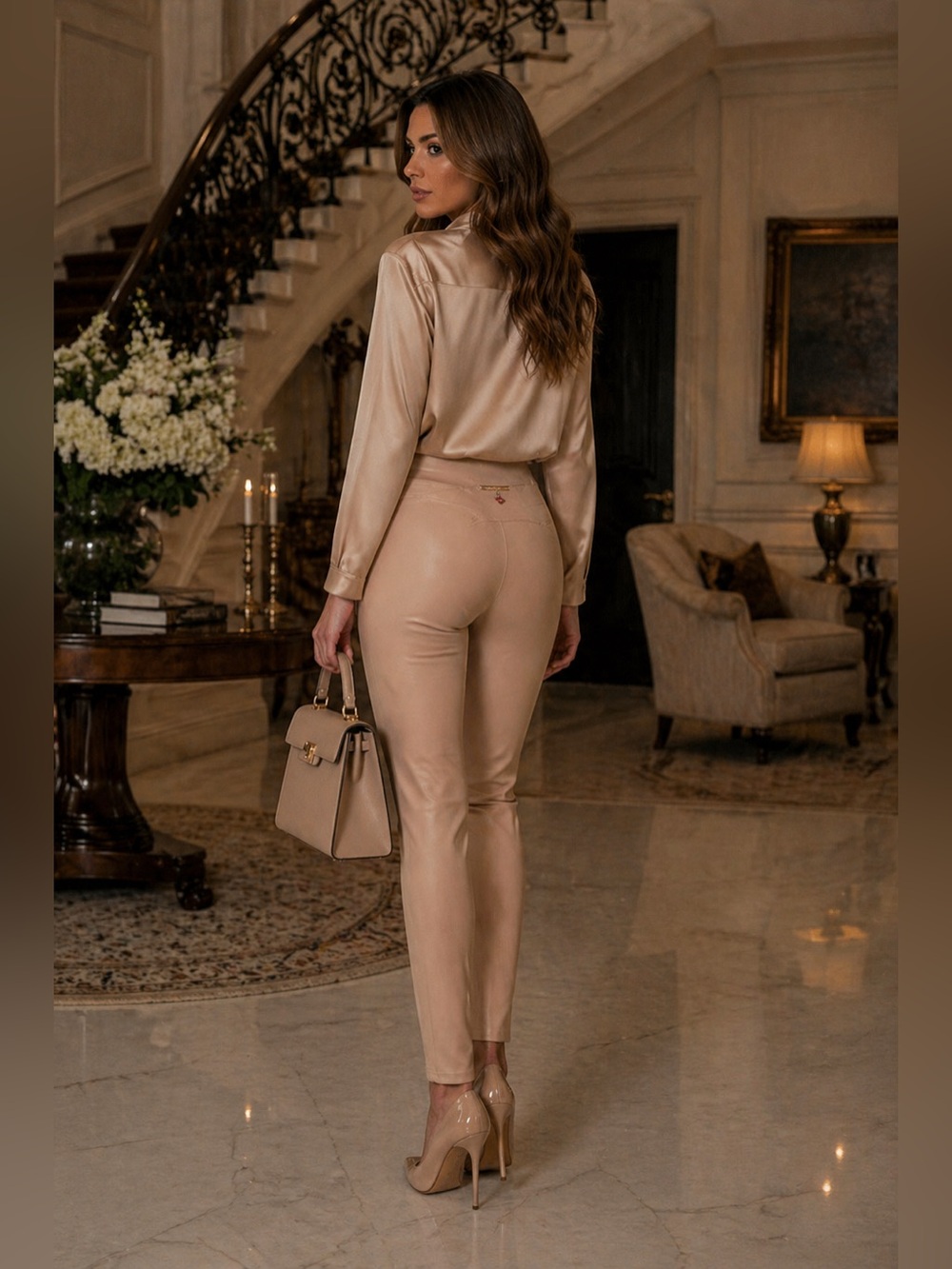 Woman Stretch Pants Natural Beige High Rise Straight Ankle Leggings Rhinestones